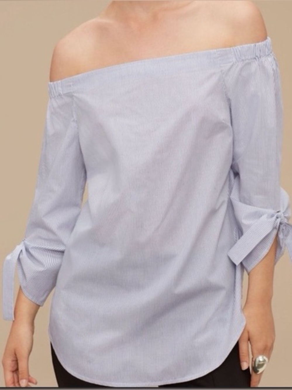Aritzia Babaton Malik Off-the-Shoulder Light Blue Striped Tie-Sleeve Blouse
